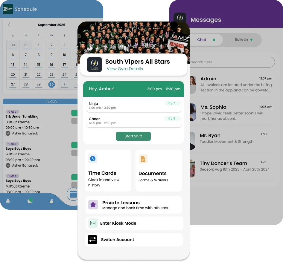 Full Out mobile app screens: staff schedule, gym home screen and parent messages